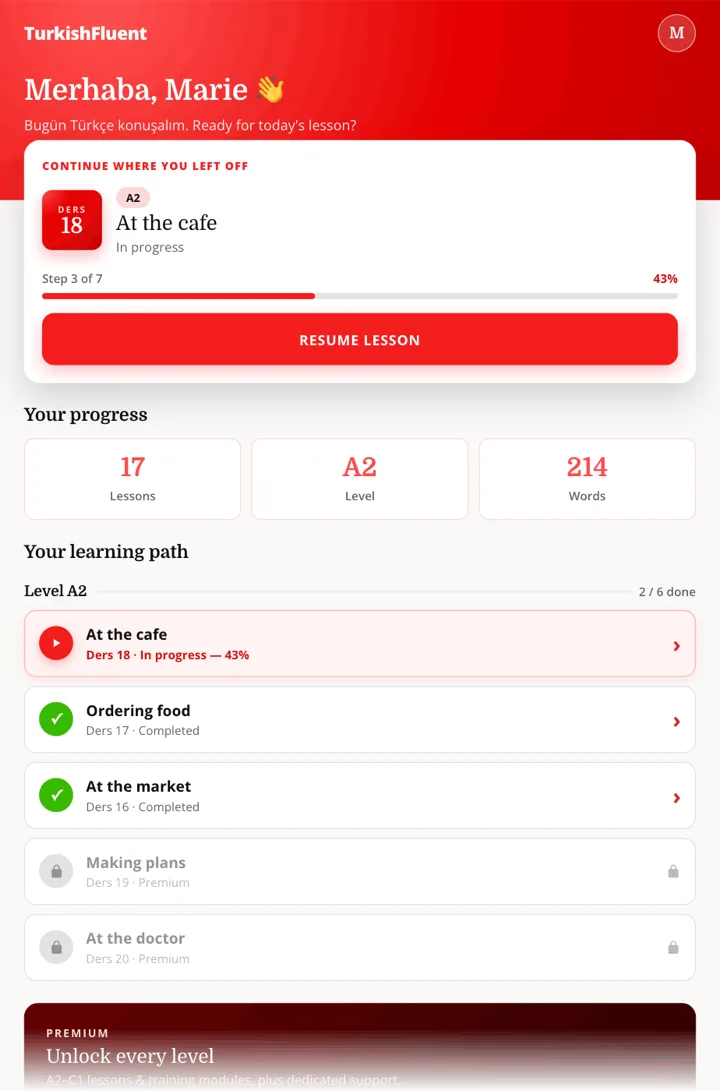 TurkishFluent app dashboard