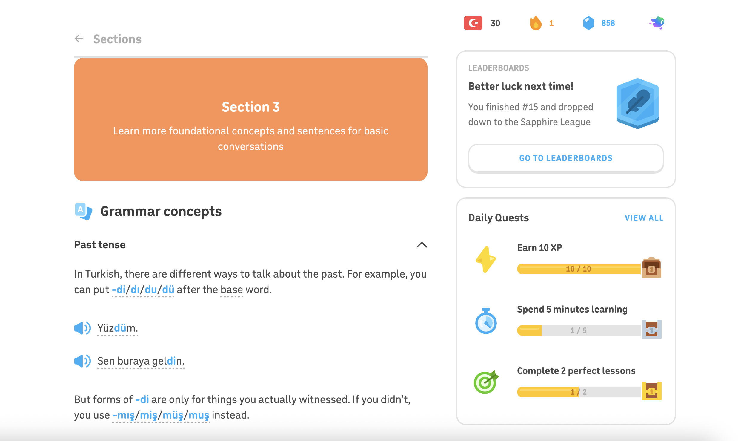 Duolingo Turkish Grammar concepts screen showing a short past-tense note on the -di and -miş suffixes