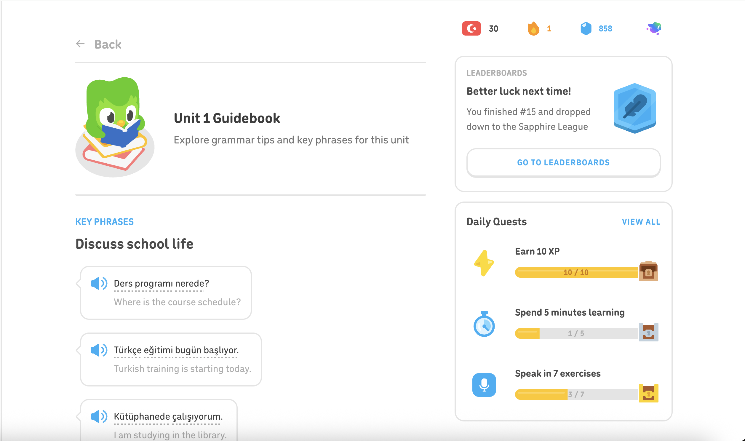 Duolingo Turkish course Unit 1 Guidebook showing key phrases, next to the streak, Sapphire League leaderboard and daily quests