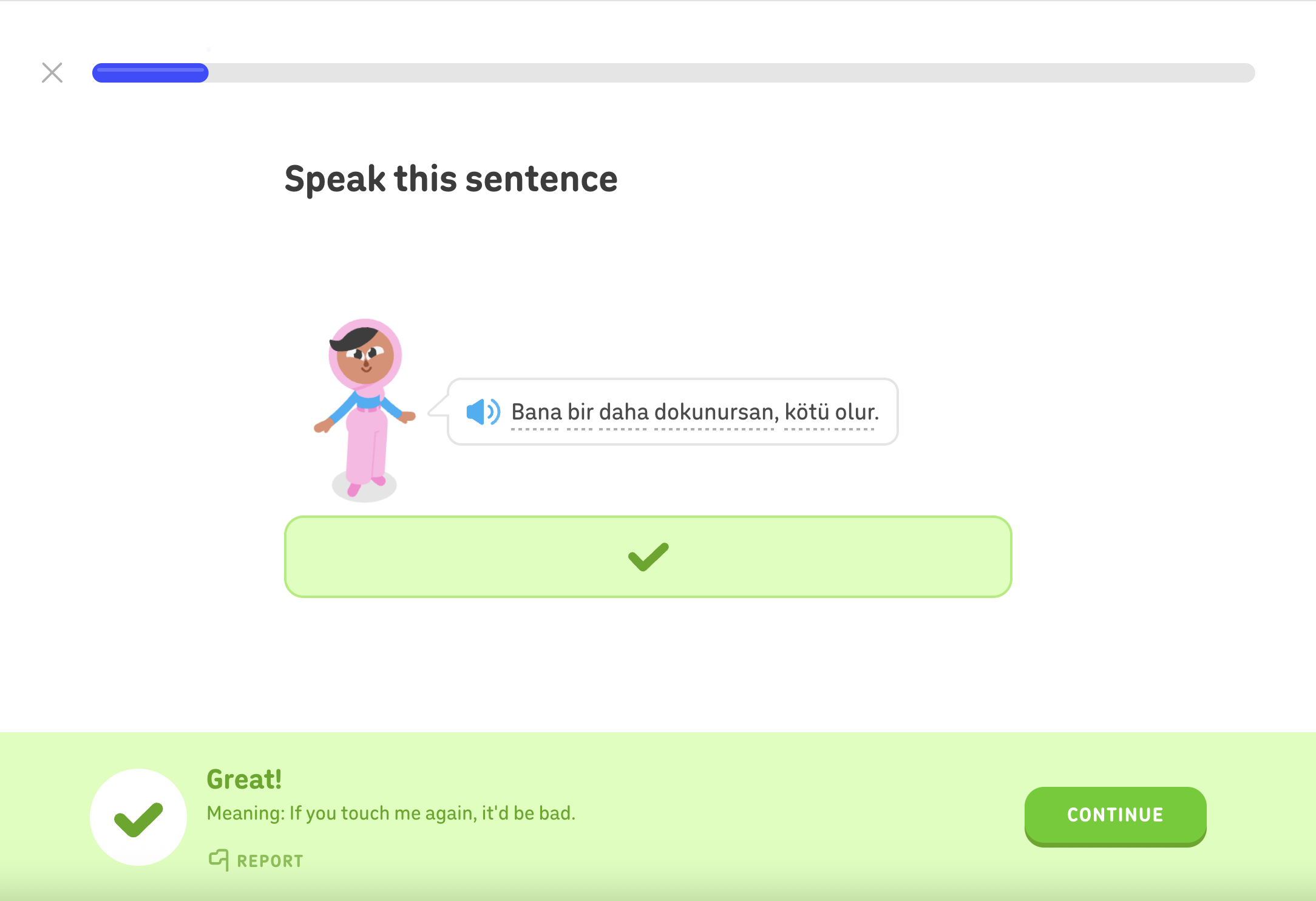 Duolingo Turkish speaking exercise showing only a green checkmark and a Great after speaking a sentence
