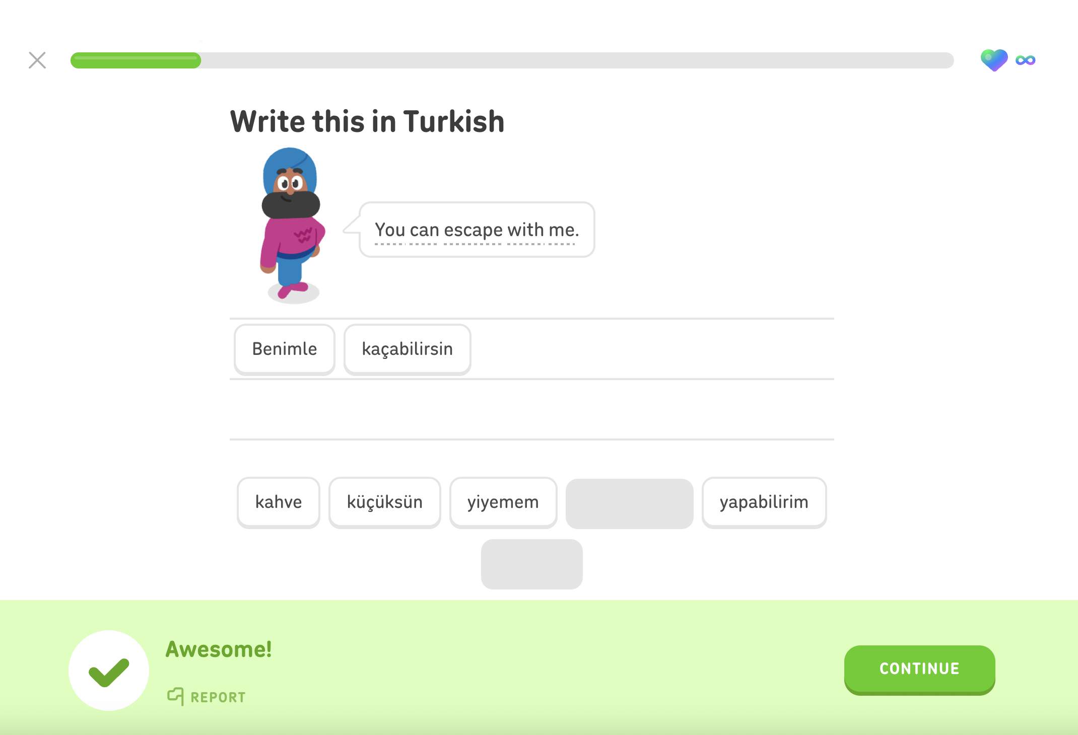 Duolingo Turkish exercise: tap the word tiles Benimle and kaçabilirsin to translate "You can escape with me"