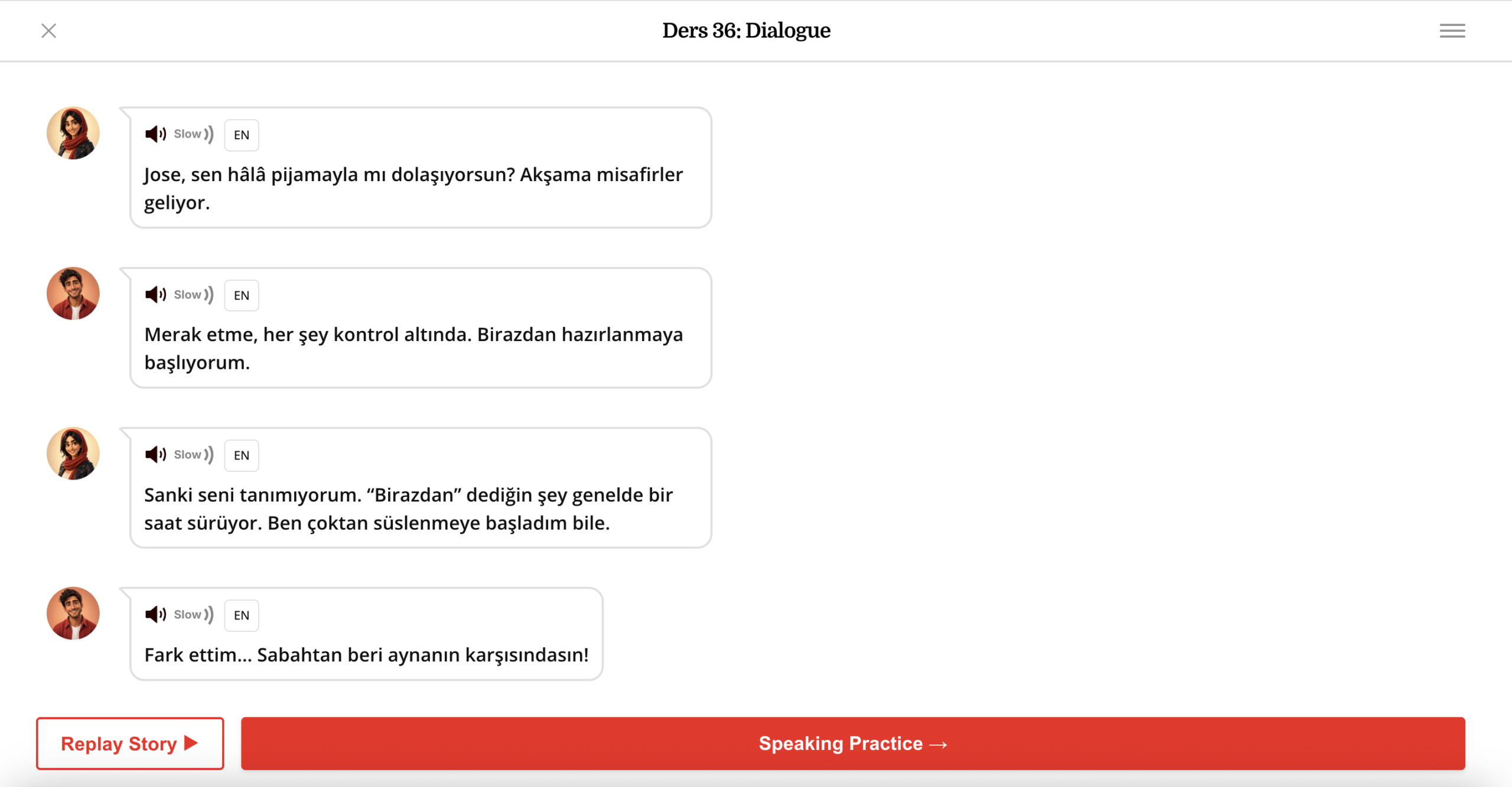 A TurkishFluent lesson dialogue between two native speakers, with slow-audio playback