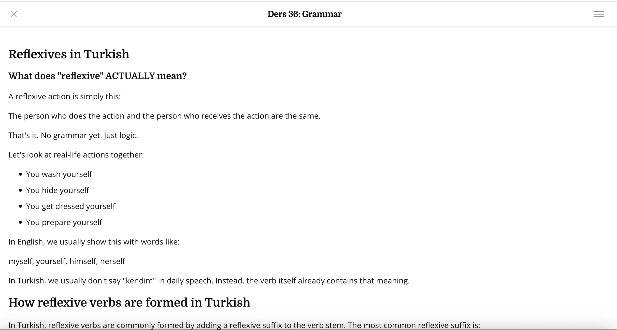 A TurkishFluent grammar lesson on reflexive verbs, explaining the concept in plain language before introducing the suffix
