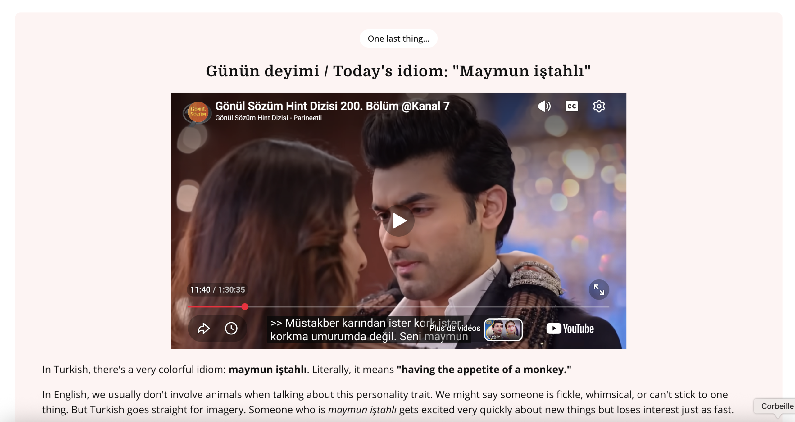 A TurkishFluent idiom-of-the-day card teaching maymun iştahlı with a clip from a Turkish TV series