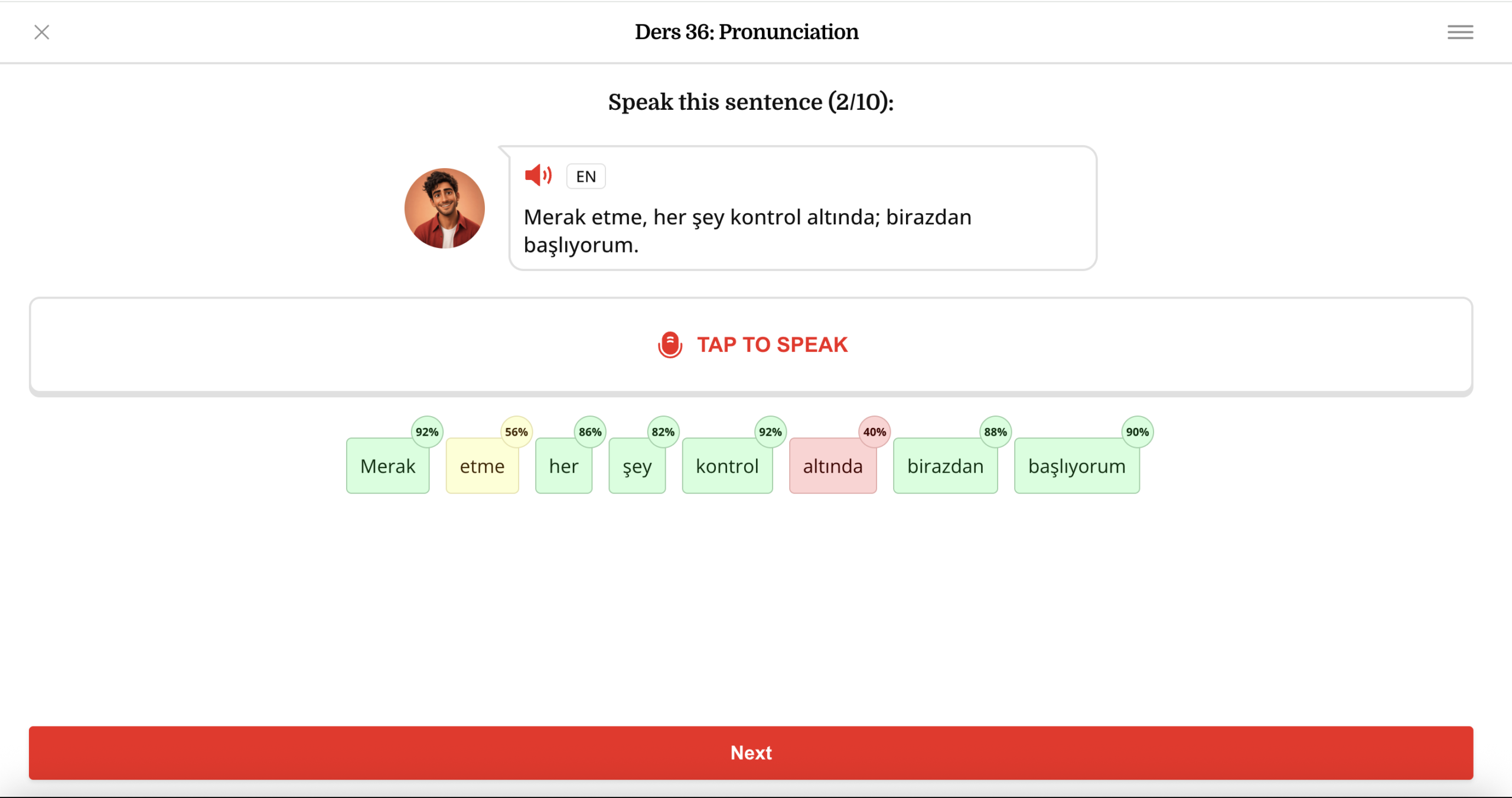 TurkishFluent pronunciation exercise scoring each word of a Turkish sentence with a percentage, from altında at 40 percent to Merak at 92 percent